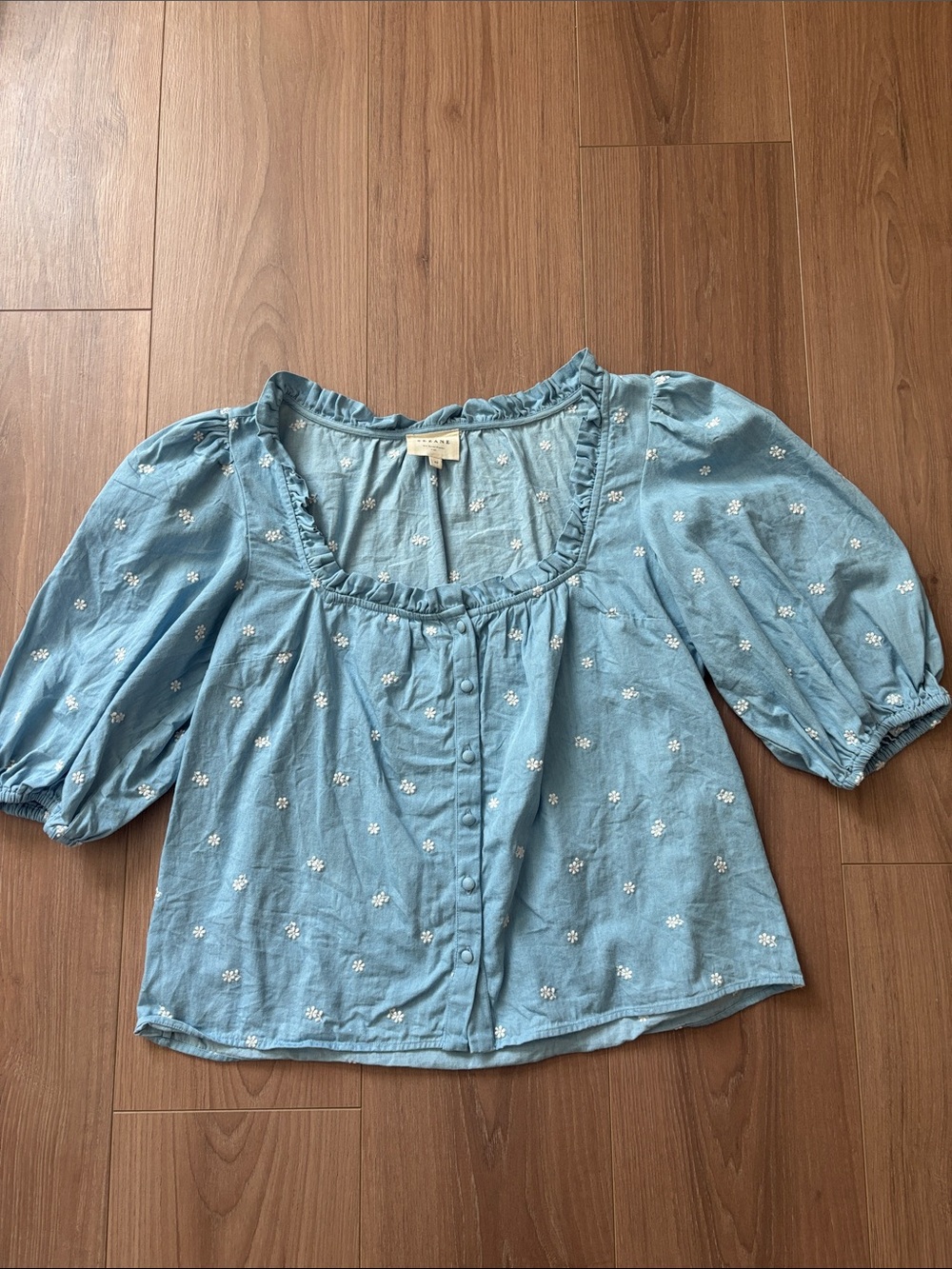 Sezane Light Blue Floral Button-Front Peasant Top